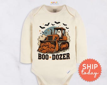 Boo Dozer Baby Onesies® Brand - Cute Halloween Construction Bodysuit - Pumpkin Ghost Baby Shower Gift(BC-HAL181)