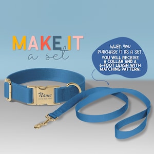 a blue collar and leash for a dog, with a personalized name tag attached to it.