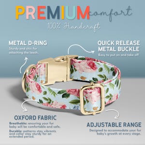 The image is an advertisement for a dog collar with a floral print, highlighting its premium comfort features.
