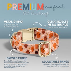The image is an advertisement for a dog collar with a pumpkin pattern. It features a metal D-ring and a metal buckle, highlighting the collar's features such as the metal D-ring for attaching the leash and the metal buckle for easy release. The collar is made of Oxford fabric, which is described as breathable and comfortable for the fur. The adjustable range of the collar is also mentioned, indicating that it can accommodate the fur's growth over time.