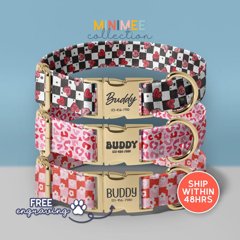 three colorful dog collars with personalized names and a free engraving offer.