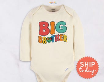 Big Brother Baby Onesies® Brand, Retro Colorful Sibling Announcement Bodysuit on Natural Cotton(BC-FAM305)