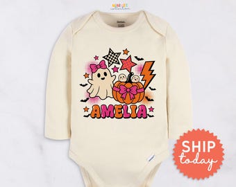 Personalized Halloween Baby Onesies® Brand - Custom Name Cute Ghost Pumpkin Bodysuit - Halloween Baby Outfit(BC-HAL175)