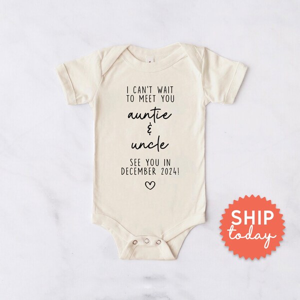 Ich kann nicht warten, um Sie zu treffen, Tante und Onkel sehen Sie im Dezember 2024 Onesie®, Ankündigungsgeschenke, neuer Babyenthüllen-Bodysuit, ( BC-FAM204 Treffen )