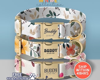 Personalized Dog Collar Floral, Flowers Pattern Dog Collar, Custom Pet Collars for Dogs Small Medium Large, Adjustable Size, (DC-72)