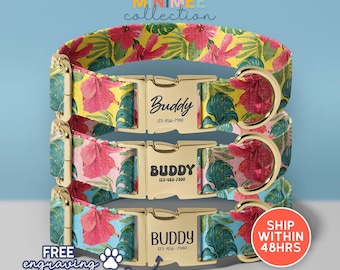 Personalized Tropical Hibiscus Dog Collar| Engraved Gold Buckle Floral Pet Collar(DC-312)