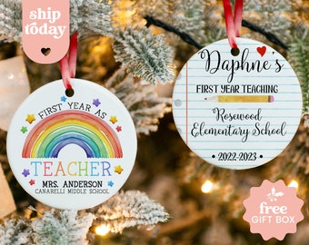 Personalized Teacher Ornament, First Year Teaching Ornament, Personalized School Name And Teacher Name Christmas Ornament