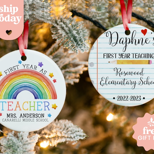 Personalized Teacher Ornament, First Year Teaching Ornament, Personalized School Name And Teacher Name Christmas Ornament