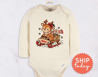 Personalized Deer on Sleigh Baby Onesie - Custom Name Cute Snowflake Bodysuit - Girl Christmas Outfit(BC-CHR123)