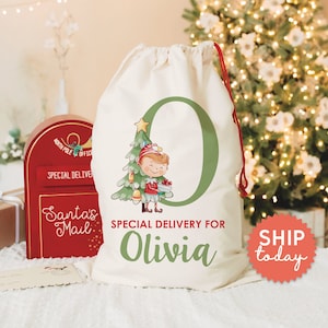May include: A white canvas Christmas gift bag with a green letter O and a cartoon elf holding a gift in front of a green Christmas tree. The bag says "Special Delivery for Olivia".