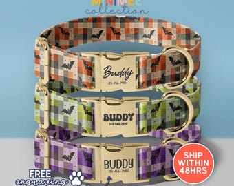 Collar para perro personalizado con estampado de cuadros de Halloween, collar para mascota con hebilla dorada grabada (DC-330)