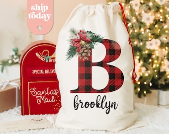 Saco de Papá Noel a cuadros de búfalo personalizado, bolsa de nombre inicial personalizada, saco de Papá Noel de Navidad, bolsa de Navidad floral