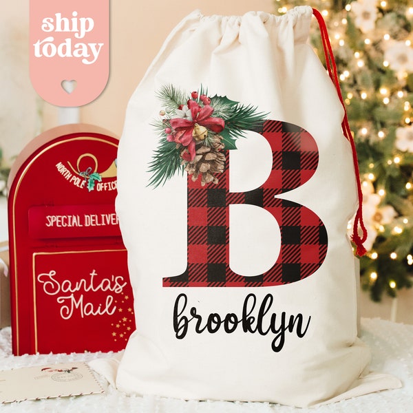 Custom Buffalo Plaid Santa Sack, Personalized Initial Name Bag, Christmas Santa Sack, Floral Christmas Bag