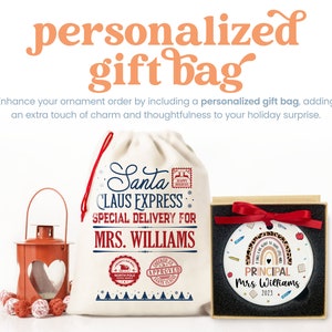 a personalized gift bag next to a personalized christmas ornament