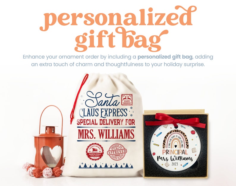 a personalized gift bag next to a personalized christmas ornament