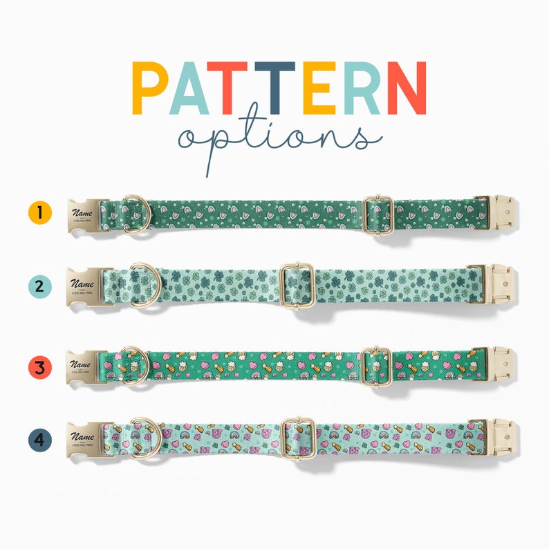 a collection of colorful patterned dog collars, each with a unique design, arranged in a row.