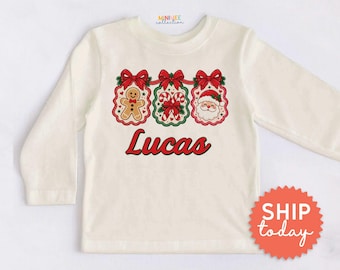 Personalized Christmas Ornament Kids Shirt - Custom Name Gingerbread Toddler Tee - Santa Candy Cane Holiday Outfit(BC-CHR103)