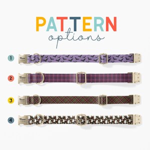 a variety of colorful patterned dog collars, each with different designs and styles, arranged in a row.