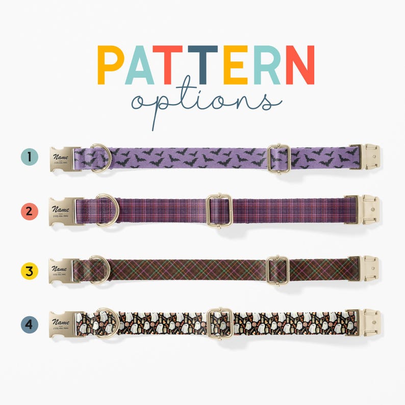 a variety of colorful patterned dog collars, each with different designs and styles, arranged in a row.