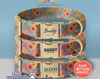 Collar floral personalizado para perro con hebilla dorada, nombre y número de teléfono grabados a medida (DC-323)