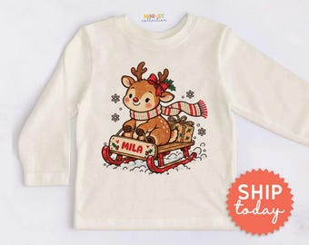 Cute Baby Girl Deer on Sleigh Kids Shirt - Vintage Christmas Toddler Tee - Snowflake Gift Delivery Outfit(BC-CHR123)