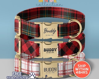 Plaid Personalized Dog Collar And Leash Set, Engraved Name On Dog Collar, Checked Dog Collar, Stylish Dog Accessories, (DC-29)