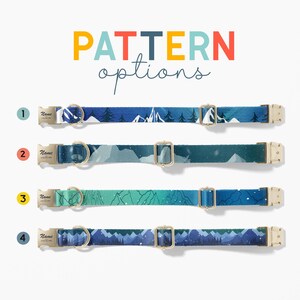 a collection of four colorful dog collars with mountain and forest patterns, each with a different name tag.