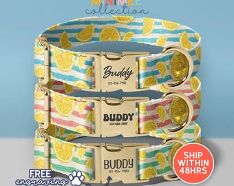 Lemon Striped Dog Collar with Engraving | Personalized Pet Collar with Adjustable Strap (DC-313)