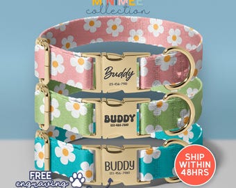 Flower Dog Collar And Leash With Bow, Handmade Floral Dog Collar With Personalized Tag, Collar For Wedding Gift, (DC-52)