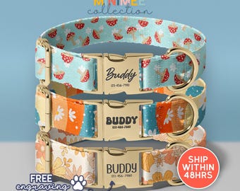 Retro Flower Dog Collar, Adjustable Dog Collar, Flower Custom Dog Collar, Cute Soft & Adjustable, Free Engraving, (DC-128)
