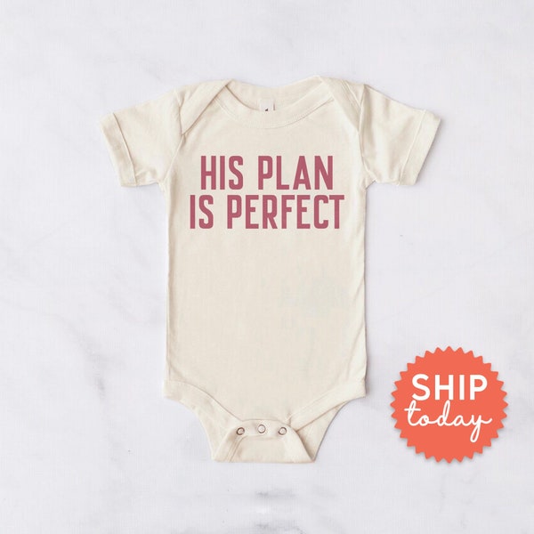 His Plan is Perfect Baby Onesies® Brand, Jesus Religious Baby Bodysuit, Cute Baby Announcement, Modern Christian Apparel, (BC-REL76)