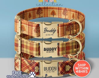Plaid Dog Collar Personalized Engraved Name Dog Collar, Autumn Leaves Custom Engraved Name Dog Collars, Fall Pet Name Id Tag Collar(DC-262)