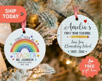 Personalized Teacher Ornament, First Year Teaching Ornament, Personalized School Name And Teacher Name Christmas Ornament