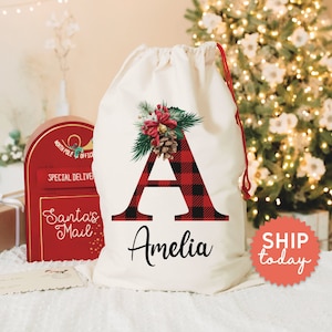 Custom Buffalo Plaid Santa Gift Bag, Personalized Initial Name Bag, Christmas Present Gift Bag, Floral Christmas Bag