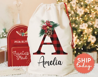 Custom Buffalo Plaid Santa Sack, Personalized Initial Name Bag, Christmas Santa Sack, Floral Christmas Bag