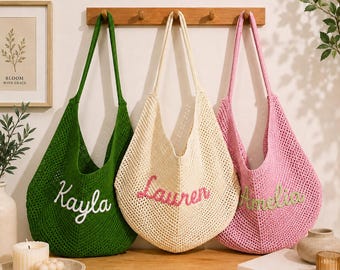 Personalized Name Tote Bag, Bridesmaid Proposal Gift Bag, Custom Crochet Beach Tote Bag, Girls Trip Gift
