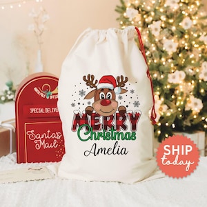 Personalized Deer Christmas Bag, Holiday Santa Sack, Christmas Eve Santa Bag, Custom Name Gift Bag, Christmas Sack With Name