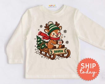 Personalized Deer Kids Shirt - Custom Name Winter Toddler Tee - Baby Boy Deer On Sleigh Outfit with Hot Choco Snowflakes(BC-CHR122)