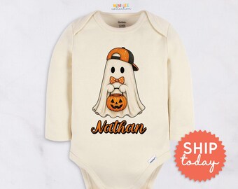 Personalized Halloween Baby Onesies® Brand - Custom Name Cute Ghost Pumpkin Bodysuit - Halloween Baby Outfit(BC-HAL184)
