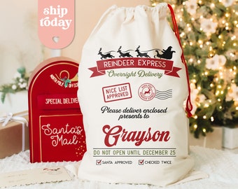 Custom Reindeer Express Overnight Delivery Santa Sack, Personalized Christmas Sack With Name, Christmas Party Gift, (CB-6 Express)