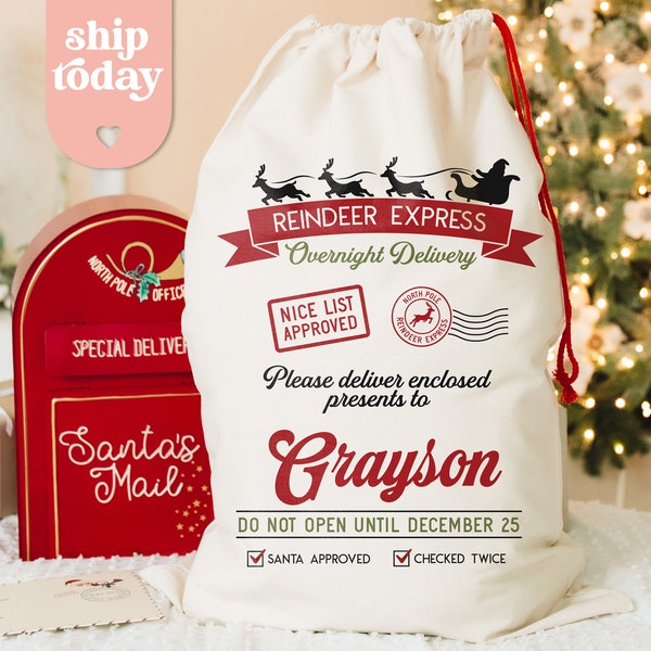 Custom Reindeer Express Overnight Delivery Santa Sack, Personalized Christmas Sack With Name, Christmas Party Gift, (CB-6 Express)