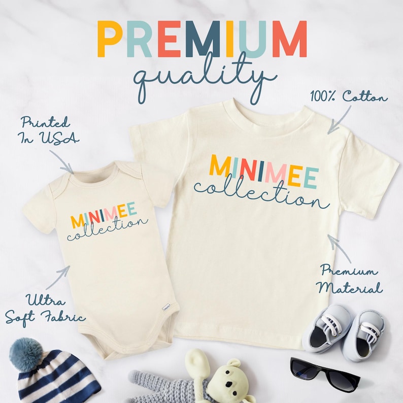 a baby's bodysuit, hat, sunglasses, mittens, and other
