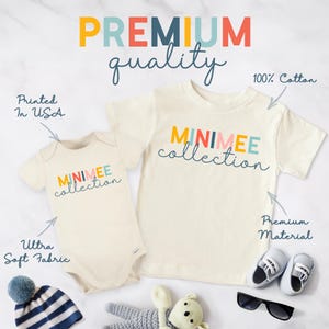 a baby's bodysuit, hat, sunglasses, mittens, and other