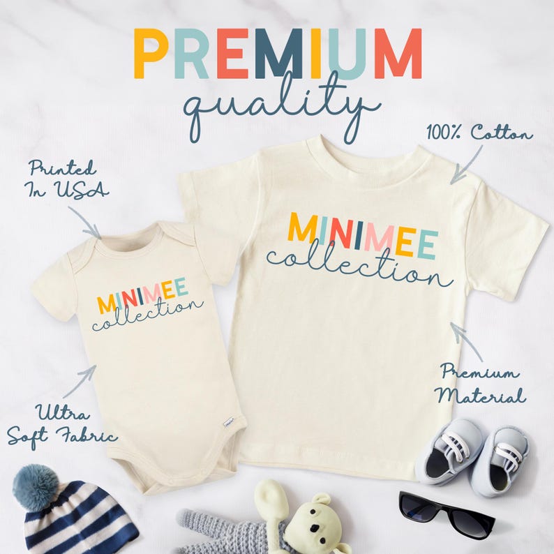 a baby's bodysuit, hat, sunglasses, mittens, and other