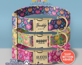 Collar para perrita con estampado otoñal personalizado, collar para mascota con correa ajustable y hebilla grabada (DC-321)