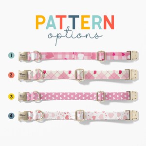 a collection of four different collar options, each with a unique pattern and color scheme. The collage is titled "Pattern options" and features a variety of collar designs, including a pink and white checkered pattern, a pink and white polka dot pattern, a pink and white diamond pattern, and a pink and white heart pattern.