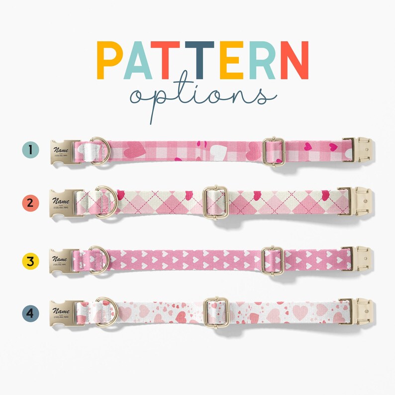 a collection of four different collar options, each with a unique pattern and color scheme. The collage is titled "Pattern options" and features a variety of collar designs, including a pink and white checkered pattern, a pink and white polka dot pattern, a pink and white diamond pattern, and a pink and white heart pattern.