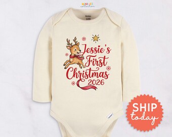 Personalized First Christmas Baby Onesies® Brand - Custom Name Cute Baby Deer Bodysuit - Unisex Holiday Outfit(BC-CHR113)