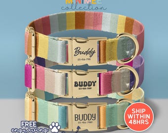 Striped Dog Collar with Name, Personalized Collars for Small Medium Large Dogs, Colorful Pet Collar, Adjustable Size, (DC-67)