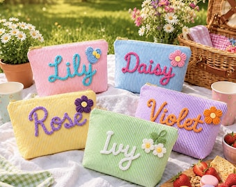 Personalized Seersucker Makeup Bag with Name, Bridesmaid Gift,  Bachelorette Party Favor, Travel Toiletry Pouch, Custom Cosmetic Bag
